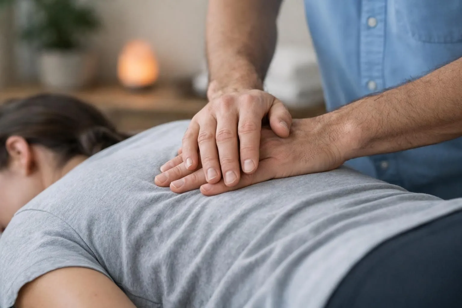 Ostéopathe effectuant une manipulation douce sur la région thoracique d'un patient allongé en position détendue, mains posées avec bienveillance pour restaurer la mobilité tissulaire, ambiance apaisante et professionnelle dans un cabinet de thérapie complémentaire stress post-traumatique