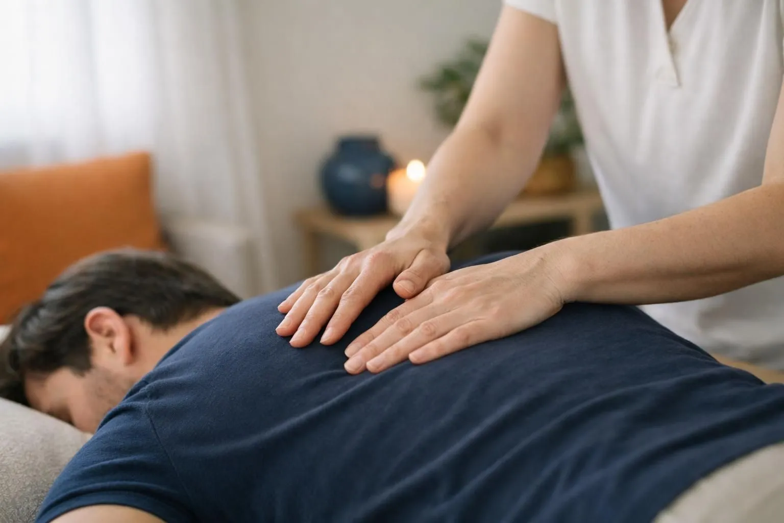 Close-up of gentle hands performing osteopathic manipulation on a patient's back in a calm therapy room with soft natural lighting, professional healthcare setting showing subtle touch therapy techniques for hypersensitive patients