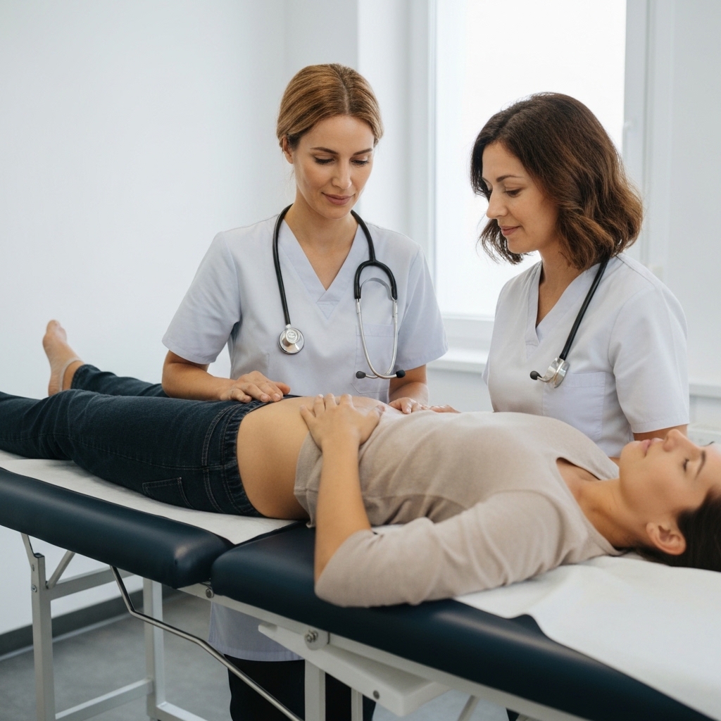 Osteopath's hands gently palpating patient's abdomen, patient lying relaxed on treatment table in calm natural light setting