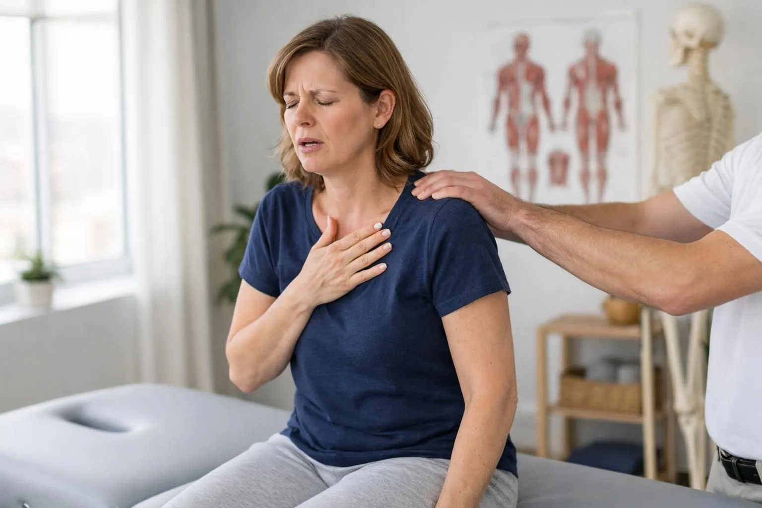 Person sitting on therapy table, hand on chest showing breathing difficulty, osteopath's hands gently placed on upper back area, calm natural-lit treatment room with anatomy poster visible, conveying body-centered anxiety treatment approach