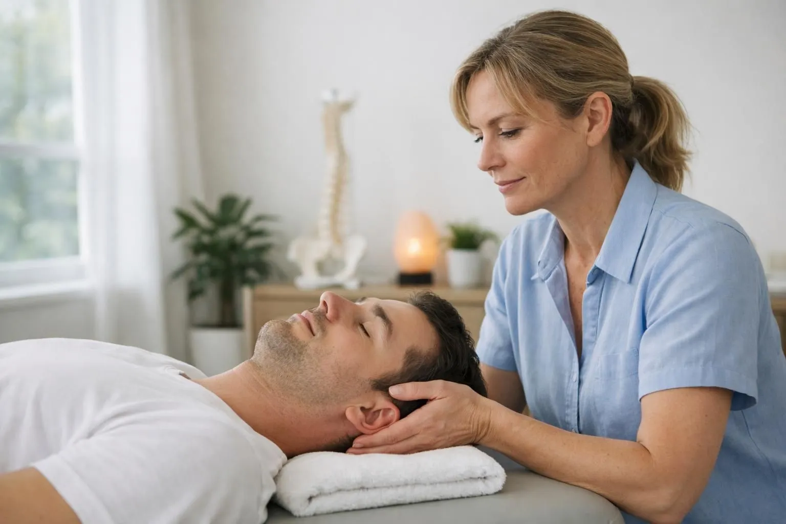 Osteopath performing gentle cranial therapy on relaxed patient lying on treatment table in calm treatment room, hands positioned near head and neck area, soft natural lighting, peaceful medical environment focused on nervous system regulation
