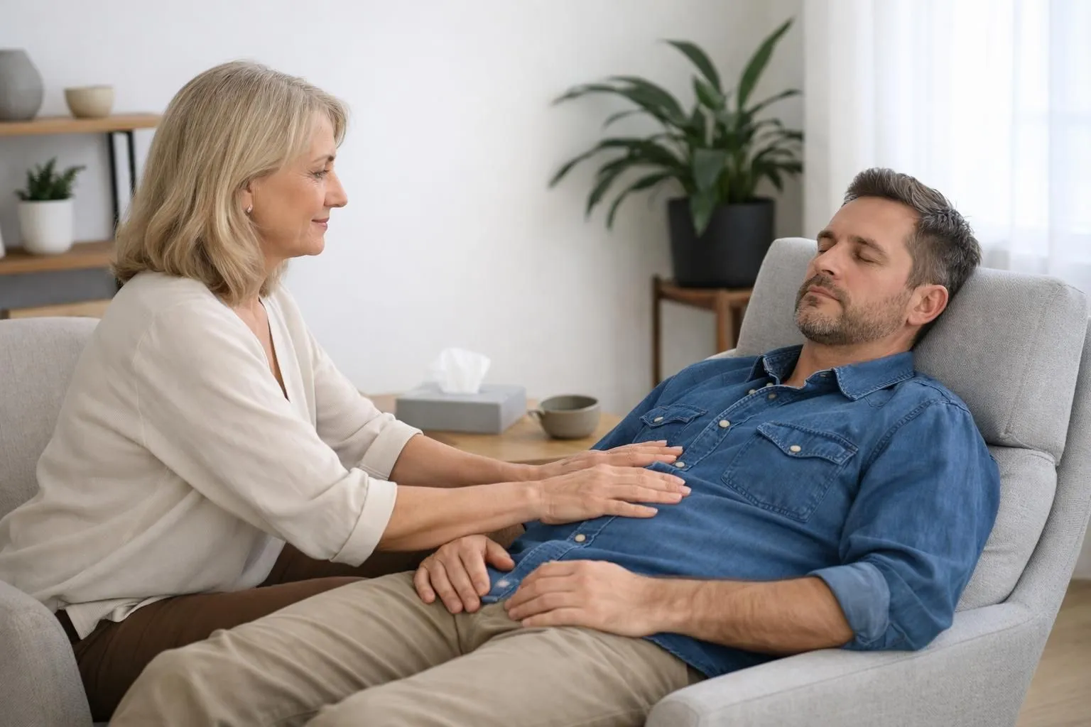 Thérapeute en séance de Somatic Experiencing avec patient allongé sur table de soin dans cabinet lumineux et apaisant, ambiance professionnelle bienveillante, espace thérapeutique calme avec plantes