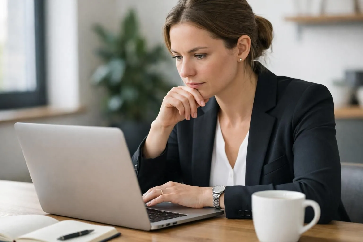 Personne réfléchissant à son choix thérapeutique, consultant des informations sur un ordinateur portable dans un espace lumineux et moderne, avec cahier et tasse de thé à côté