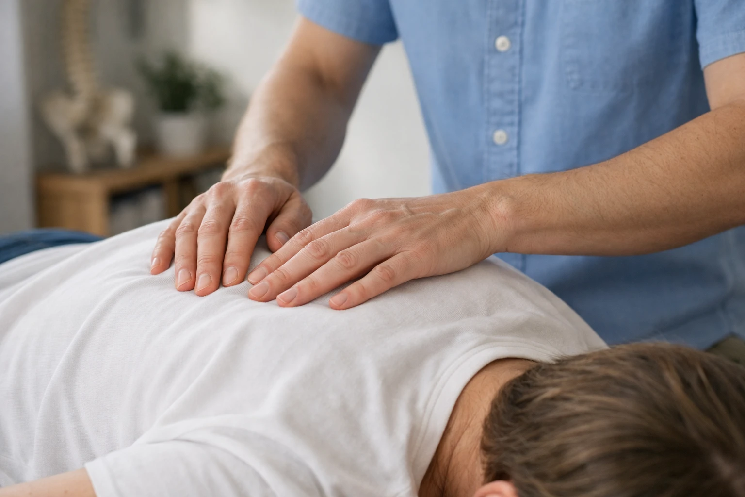 Close-up of therapist hands performing gentle fascial manipulation on a patient's back, soft natural lighting highlighting the therapeutic touch, professional osteopathic treatment room, emphasis on the connection between physical tissue and emotional release, warm healing atmosphere