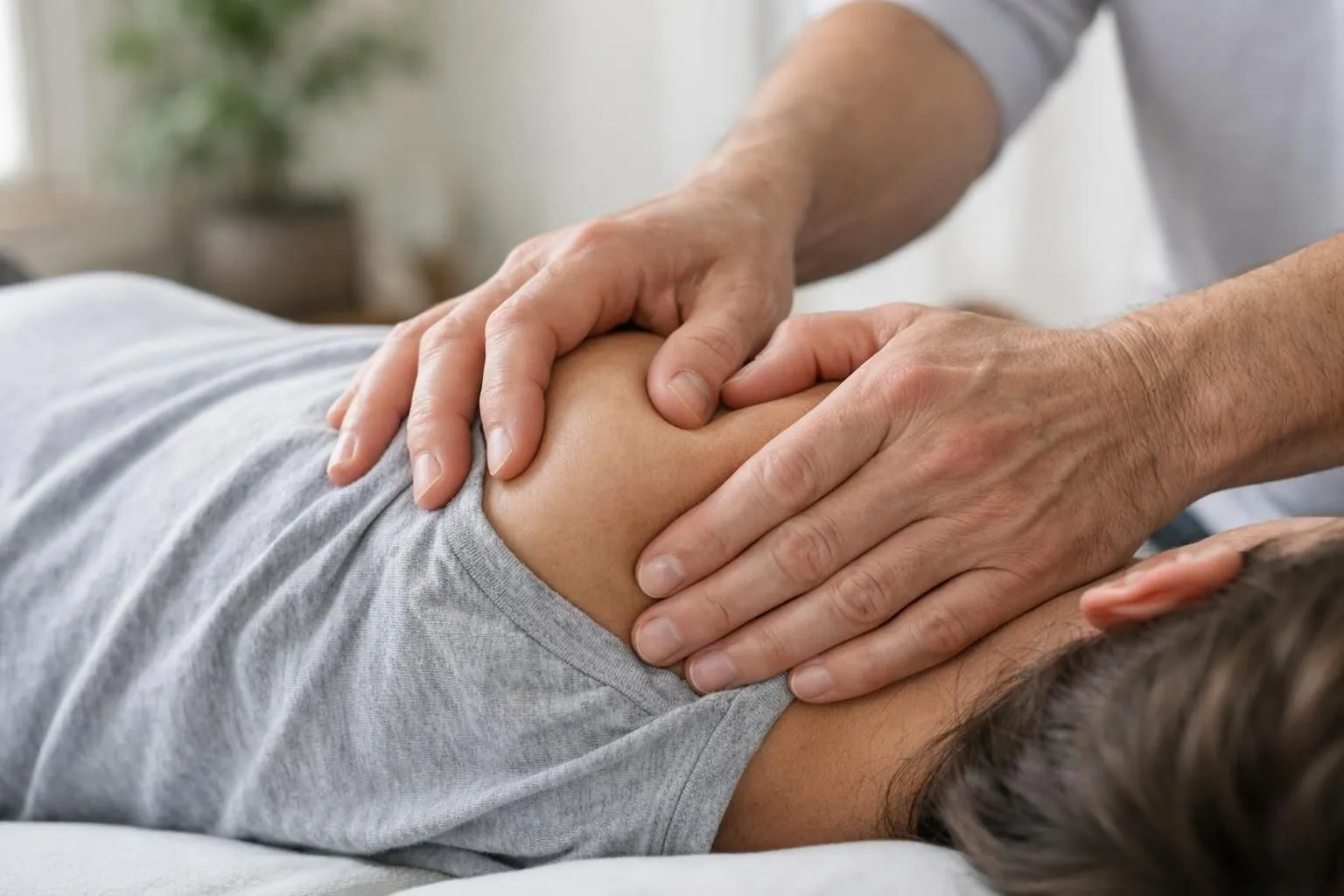 Osteopath's hands performing gentle fascial release technique on patient's shoulder area in a serene treatment room with natural lighting, showing therapeutic bodywork focused on emotional release through physical touch