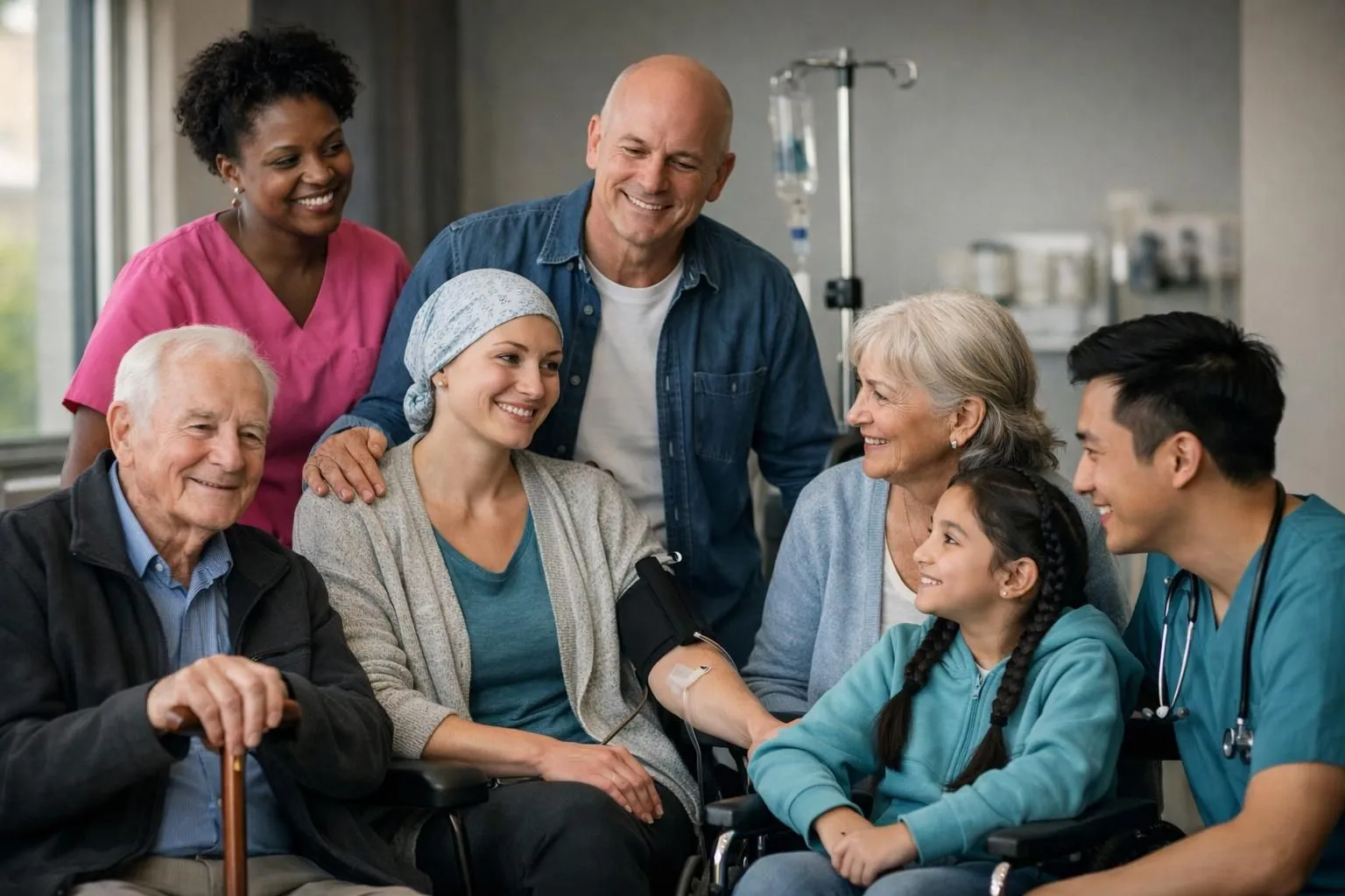 Diverse group showing pregnant woman with serene expression, athlete stretching with focused determination, stressed professional holding shoulders in relief, elderly person smiling peacefully - warm natural lighting suggesting healing and hope in healthcare setting