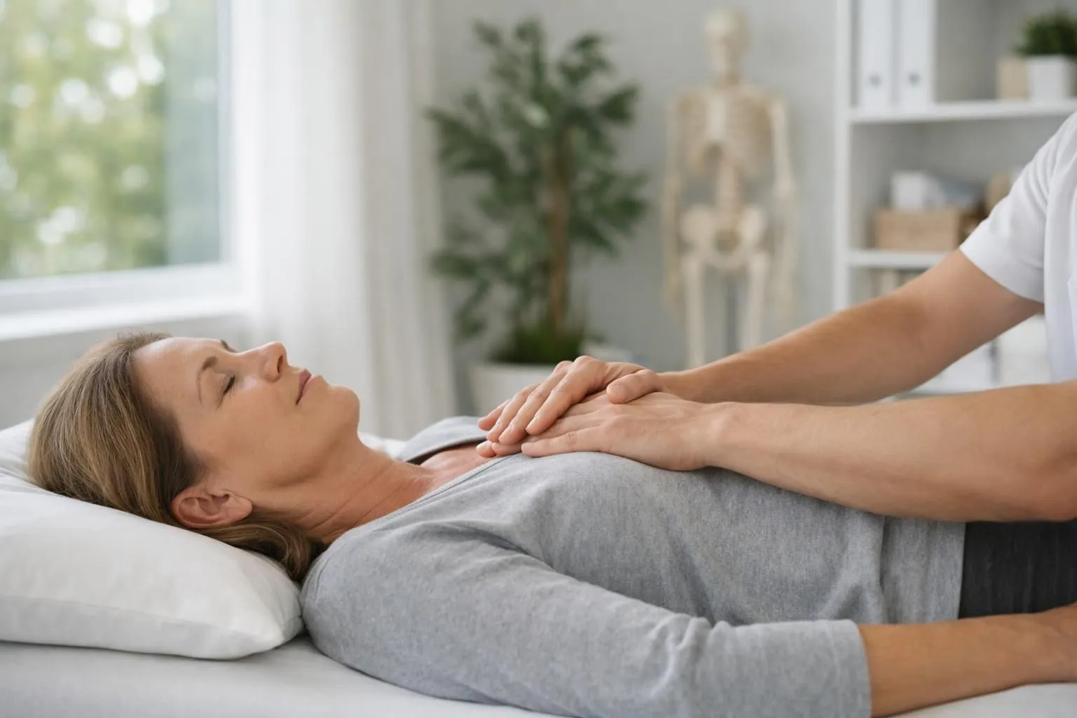Person lying on massage table receiving gentle osteopathic treatment, hands placed on chest area, natural light coming through window, calming clinical environment showing therapeutic touch and somatic work, representing release of physical tension from emotional memory
