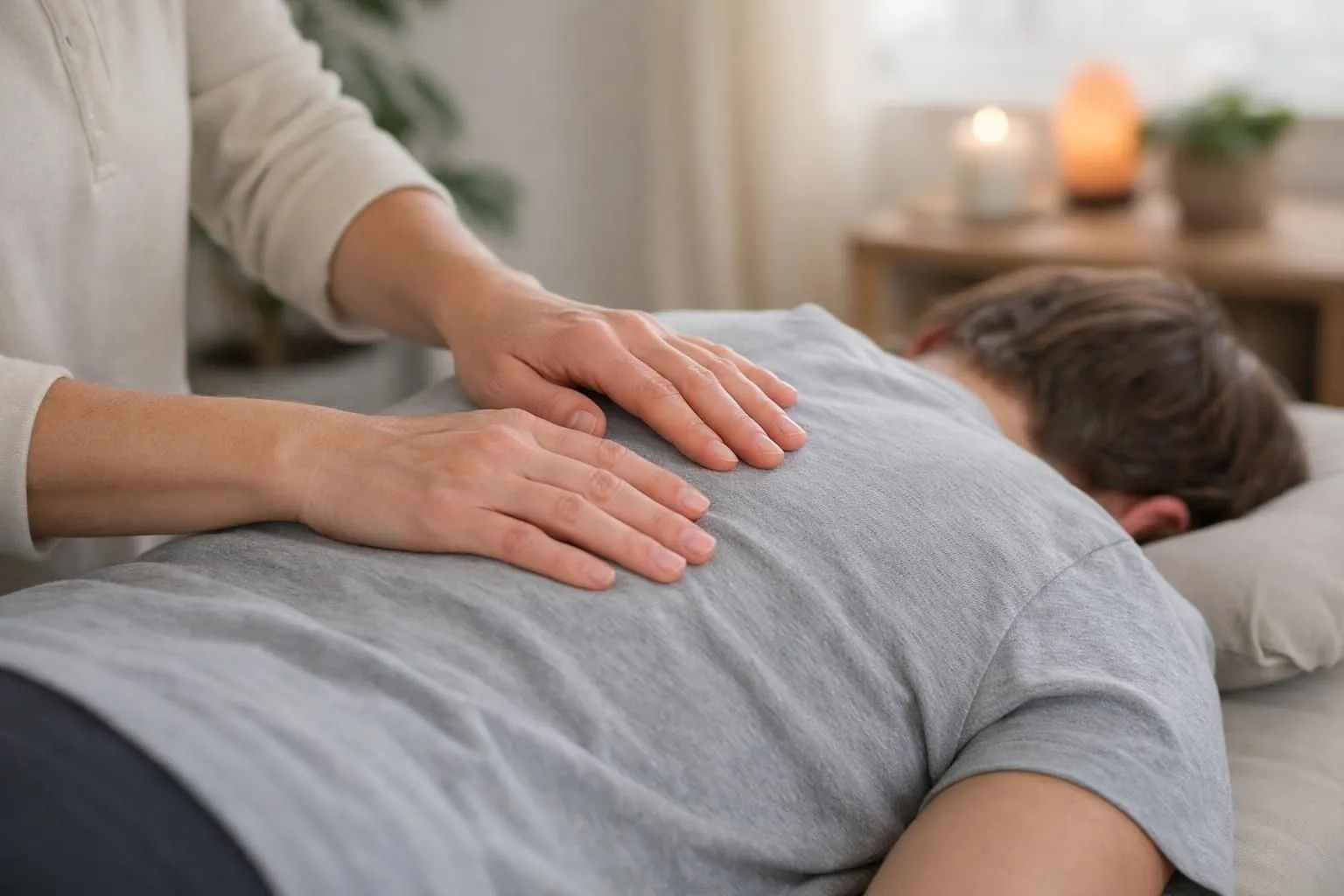 Osteopath's hands gently placed on patient's upper back during somatic-emotional release session, serene treatment room with soft natural lighting, patient lying face down on massage table, therapeutic touch revealing body memory work, warm neutral tones conveying safety and healing