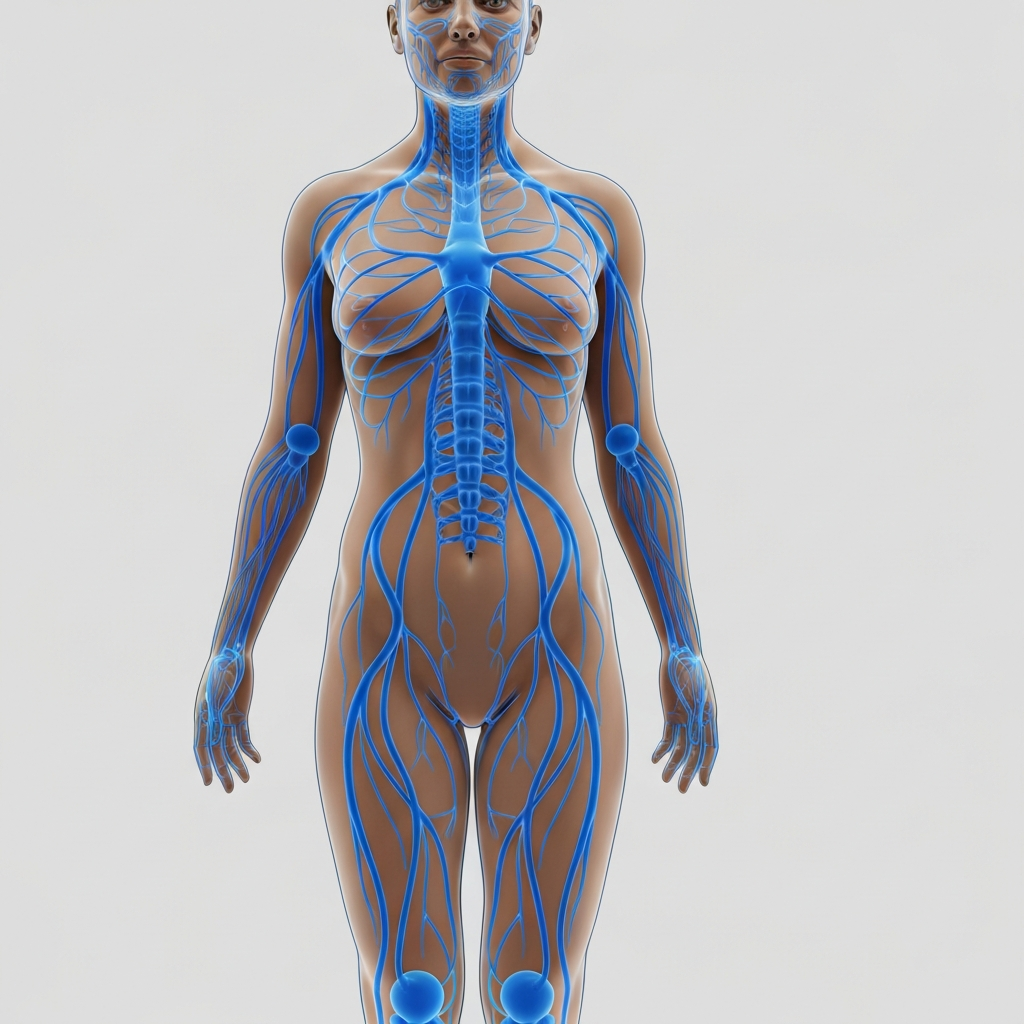 Abstract visualization of the human nervous system inside a translucent body silhouette, neural pathways glowing in blue and warm amber tones, showing energy flow and tension points in spine and torso, calming medical illustration style representing somatic experiencing and trauma stored in the body