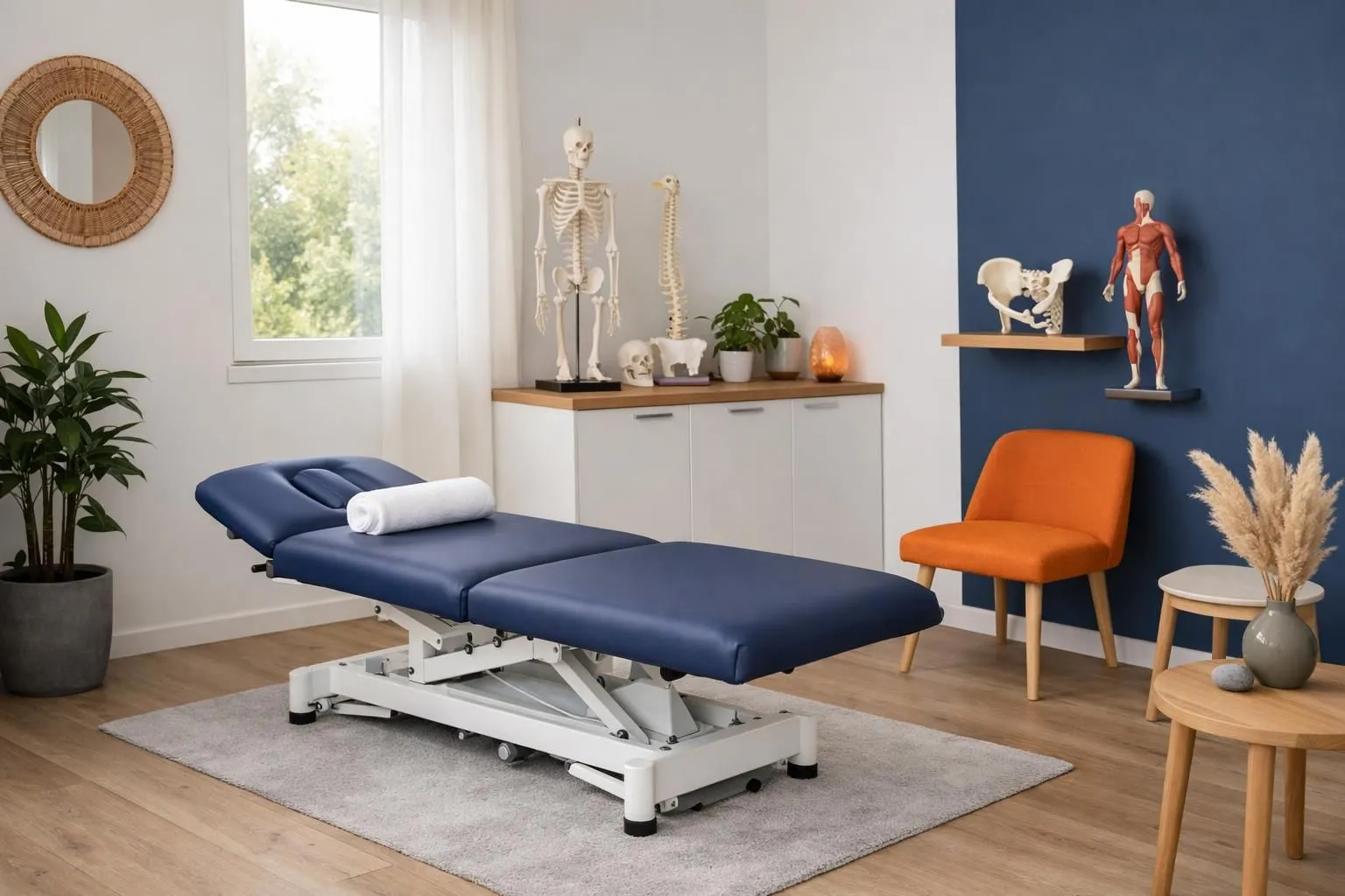 Modern osteopathy treatment room in Vertou with therapy table and natural lighting, professional healthcare environment with anatomical models and calming decor, patient-centered medical space
