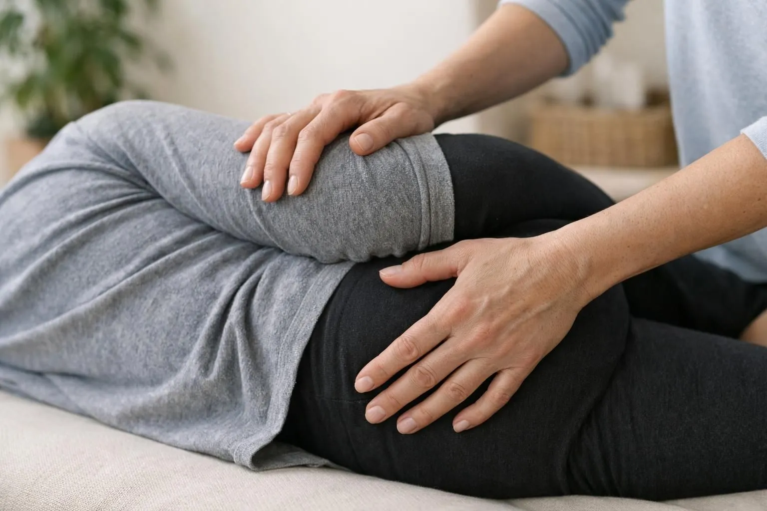 Thérapeute manuel guidant doucement les sensations corporelles d'un patient allongé sur table de soin dans cabinet lumineux et apaisant, focus sur observation attentive et présence bienveillante