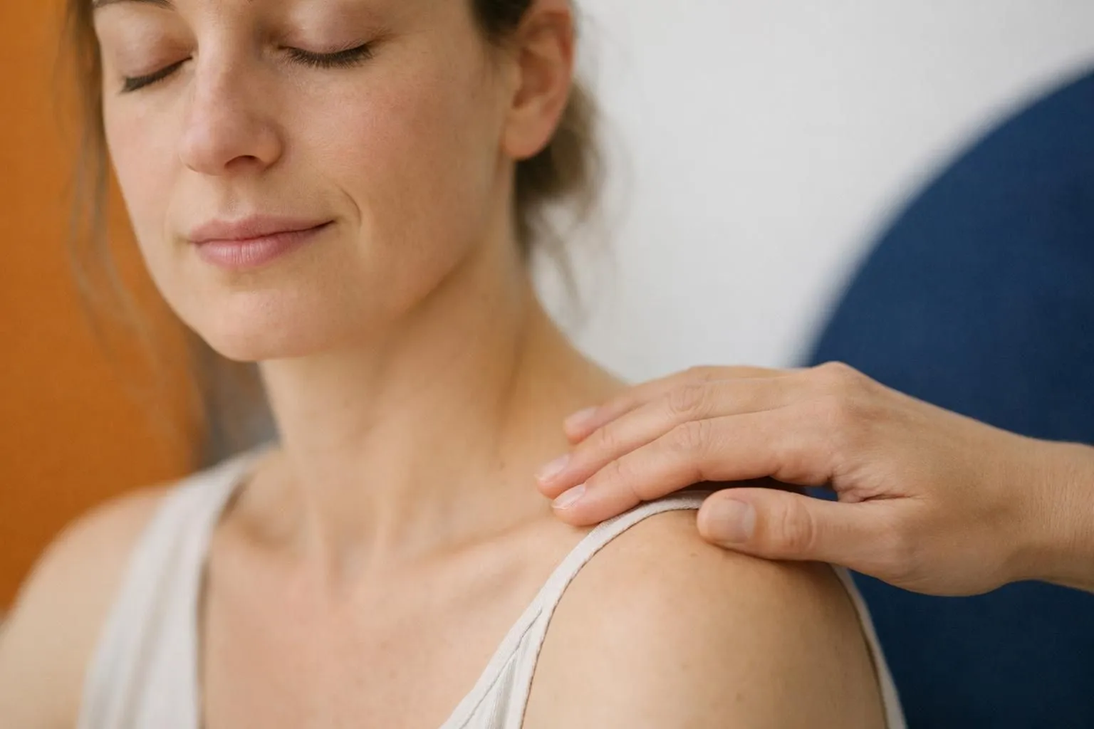 Close-up of a person's hand gently touching their shoulder and upper chest area, eyes closed, representing body awareness and trauma stored in tissues, soft natural lighting highlighting the contemplative moment of reconnecting with physical sensations