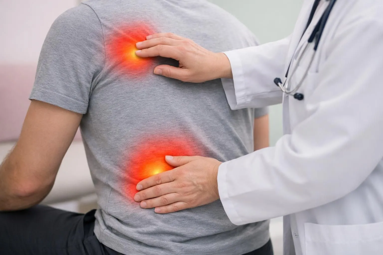 Medical illustration showing a translucent human silhouette with highlighted areas indicating physical pain zones - neck, shoulders, abdomen, and lower back glowing in warm colors to represent chronic tension and trauma manifestations in the body