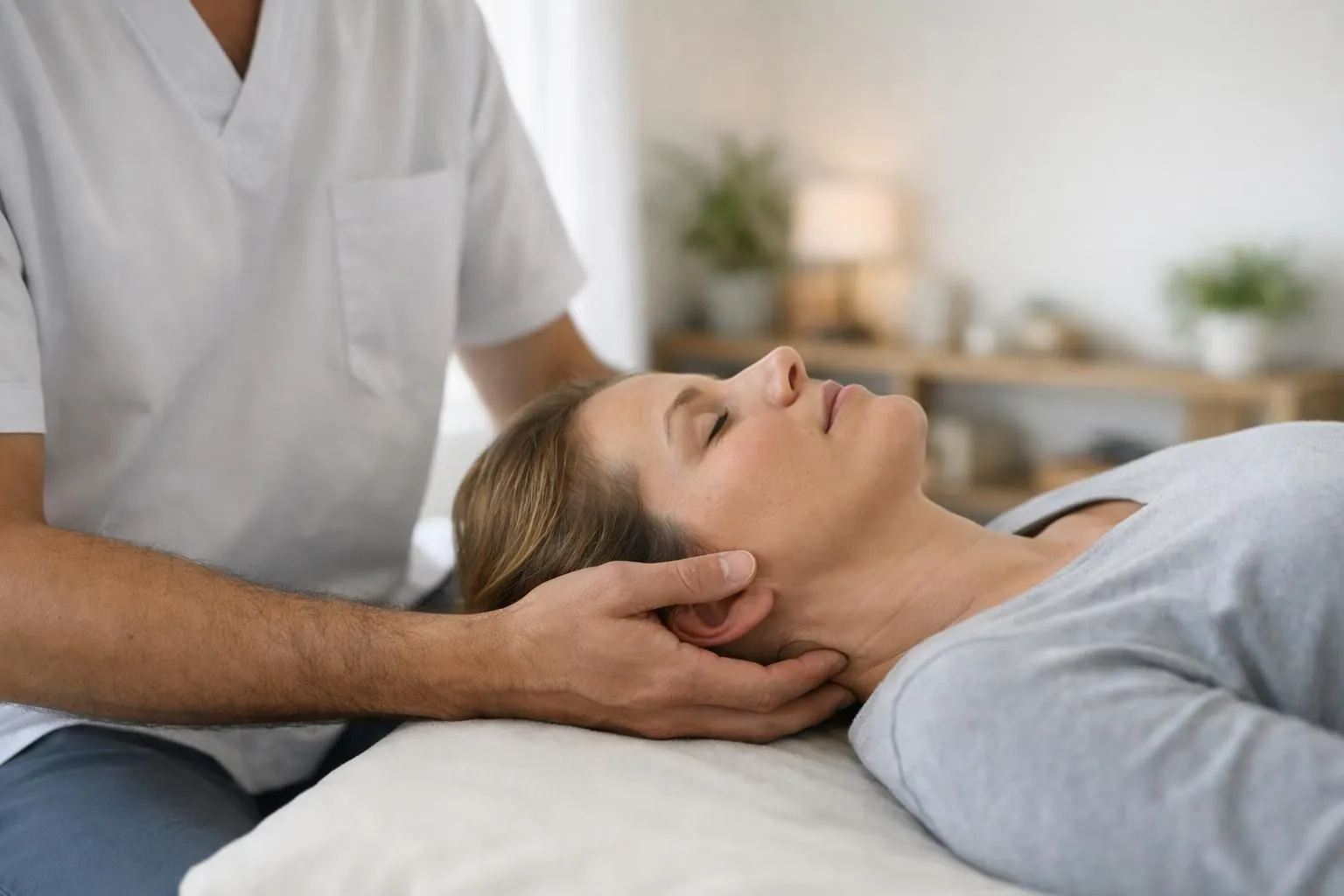 Mains d'ostéopathe réalisant manipulation corporelle douce sur patient allongé dans environnement calme et apaisant, lumière naturelle, approche thérapeutique holistique montrant connexion corps-esprit pour traitement émotionnel et libération des tensions, atmosphère professionnelle et bienveillante