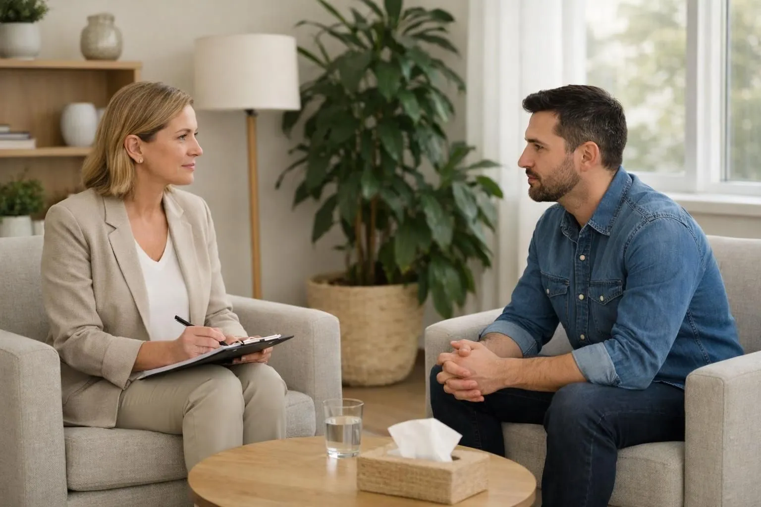 Thérapeute et patient dans un cabinet lumineux aux tons neutres, assis confortablement face à face, échange calme et bienveillant, plantes vertes en arrière-plan, atmosphère sécurisante propice à l'écoute du corps
