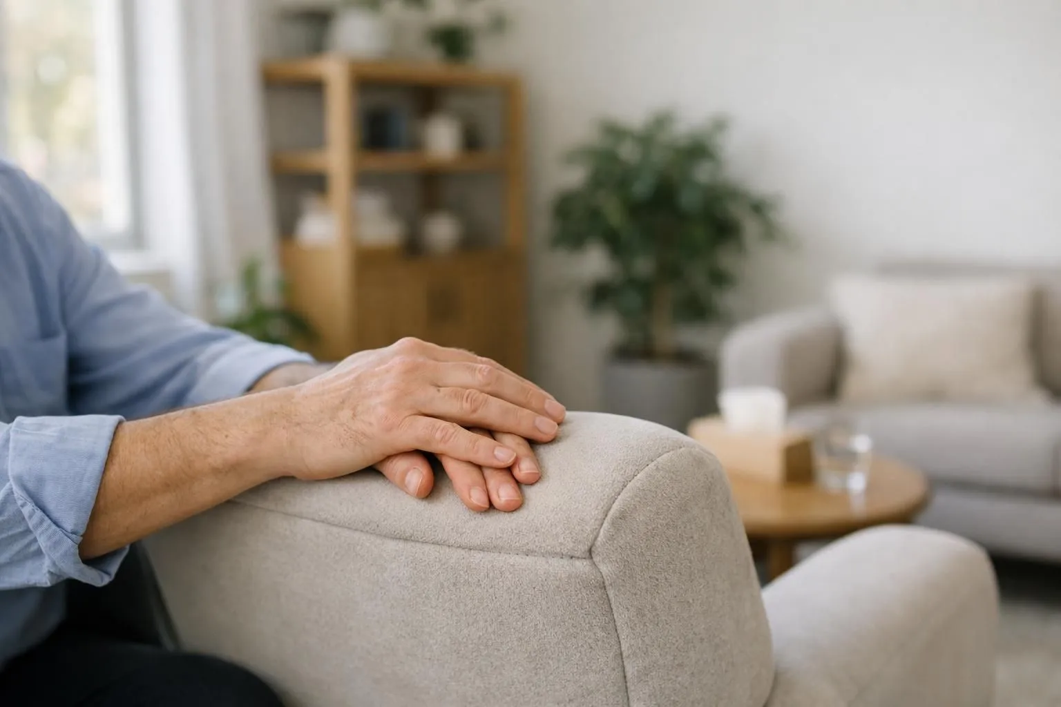 Praticien en somatic experiencing accueillant un client dans une salle de consultation calme et lumineuse, fauteuils confortables face à face, ambiance chaleureuse avec lumière naturelle, postures ouvertes et rassurantes, espace apaisant sans élément perturbateur