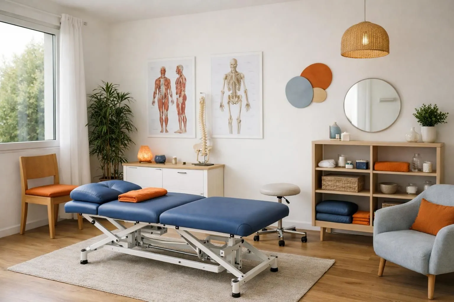 A professional osteopath's treatment room in Vertou showing a calm therapeutic environment with an adjustment table, natural lighting through windows, anatomical charts on walls, and welcoming atmosphere that conveys trust and local healthcare accessibility
