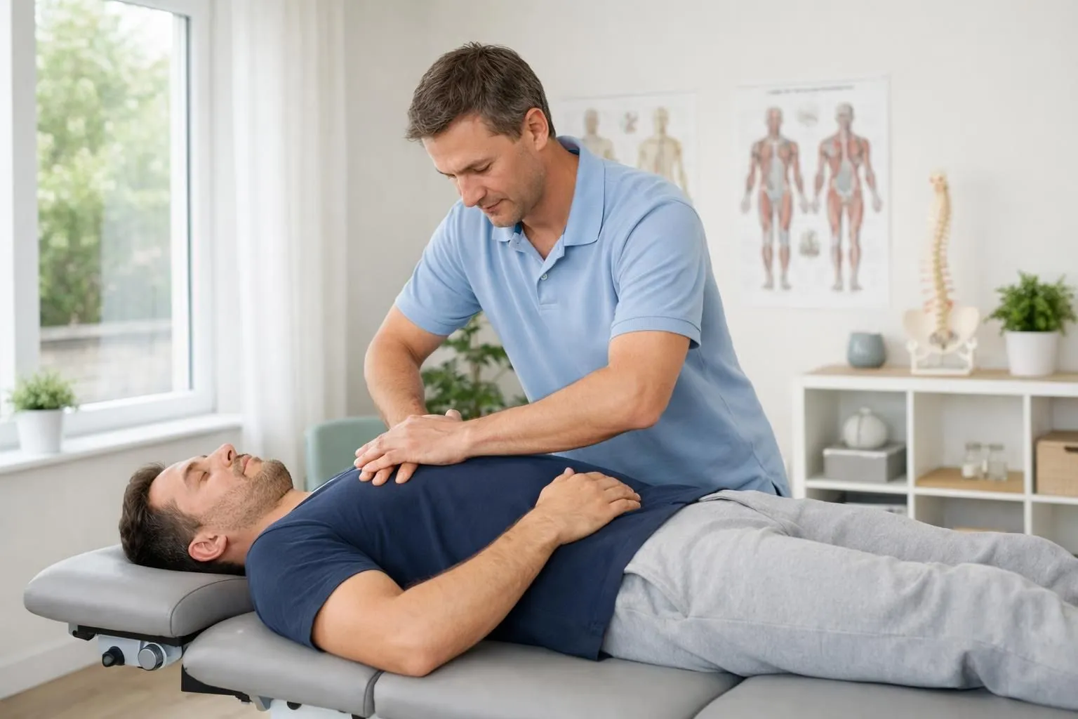 An osteopath's hands performing a gentle spinal manipulation on a patient lying on a treatment table in a bright, modern healthcare office in Vertou, professional medical setting with anatomical charts visible on the wall