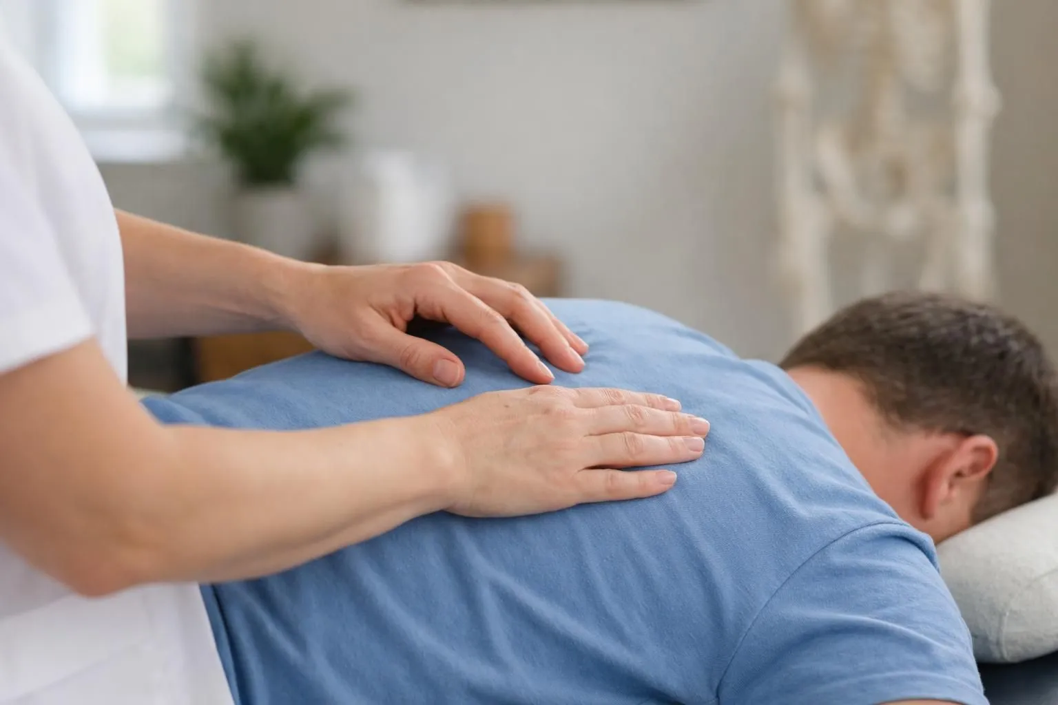 Osteopath's hands gently performing palpation on a patient's back in a calm treatment room, showing the careful listening approach of somatic-emotional therapy, soft natural lighting, professional healthcare setting