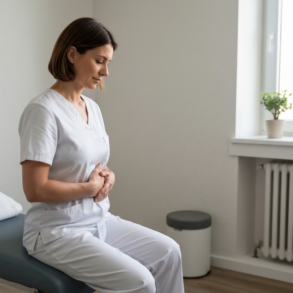 Person sitting on therapy couch holding their abdomen with both hands, showing discomfort, soft natural lighting in calming neutral-toned room with plants