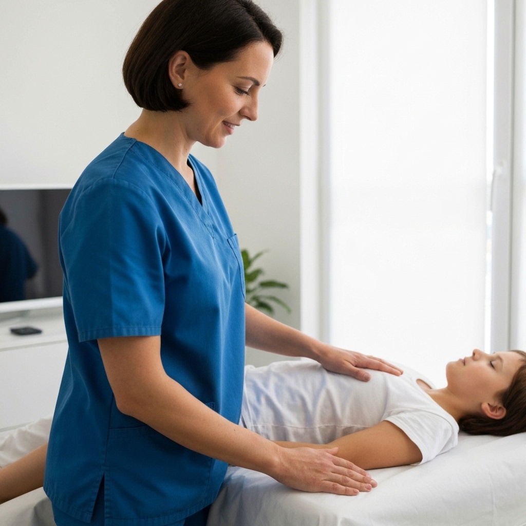 Osteopath's hands gently placed on patient's upper back during somatic therapy session in calm treatment room with natural light