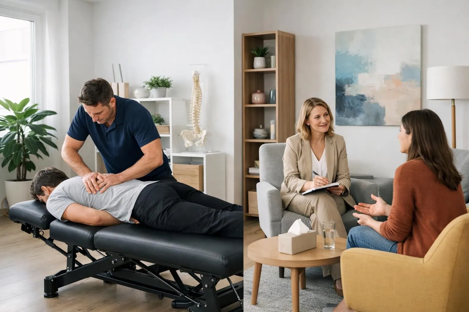Split scene showing an osteopath performing hands-on spinal manipulation on a patient lying on a treatment table on the left side, and a psychotherapist sitting face-to-face with a patient in comfortable chairs during a talk therapy session on the right side, natural lighting, modern healthcare setting, professional atmosphere