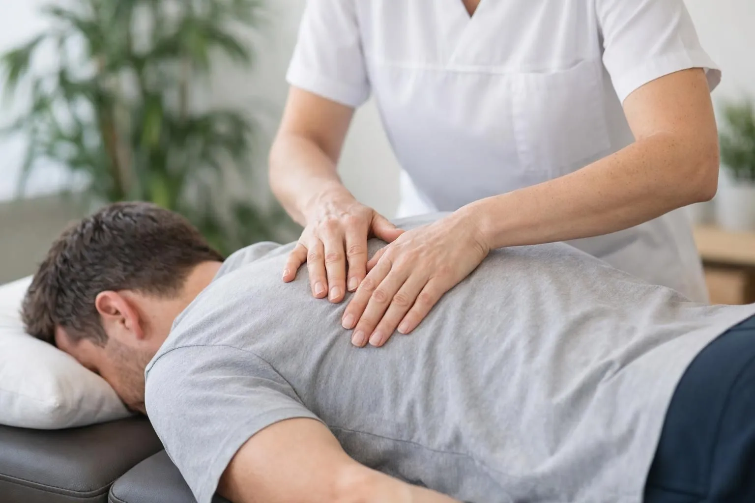 Ostéopathe professionnel effectuant une manipulation vertébrale douce sur un patient allongé sur une table de traitement dans un cabinet lumineux et apaisant, mains expertes positionnées sur le dos, ambiance thérapeutique moderne avec plantes vertes en arrière-plan