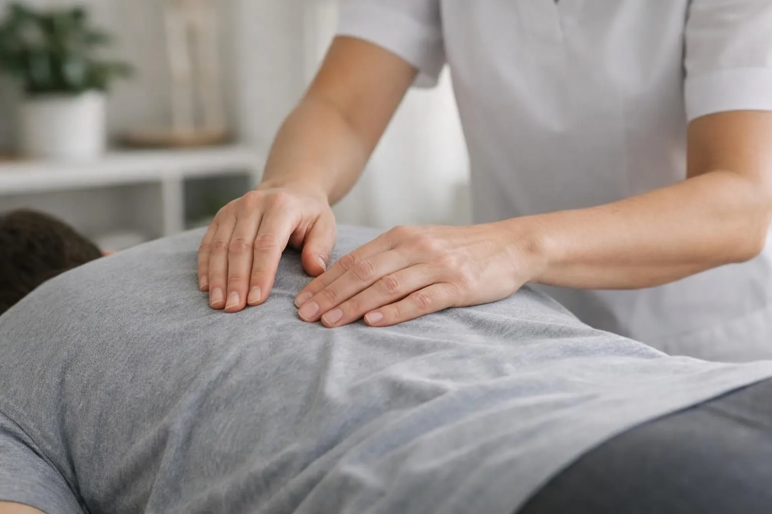 Praticien ostéopathe effectuant une palpation douce sur la colonne vertébrale d'un patient allongé, lumière naturelle, ambiance calme et professionnelle évoquant l'écoute corporelle et émotionnelle profonde