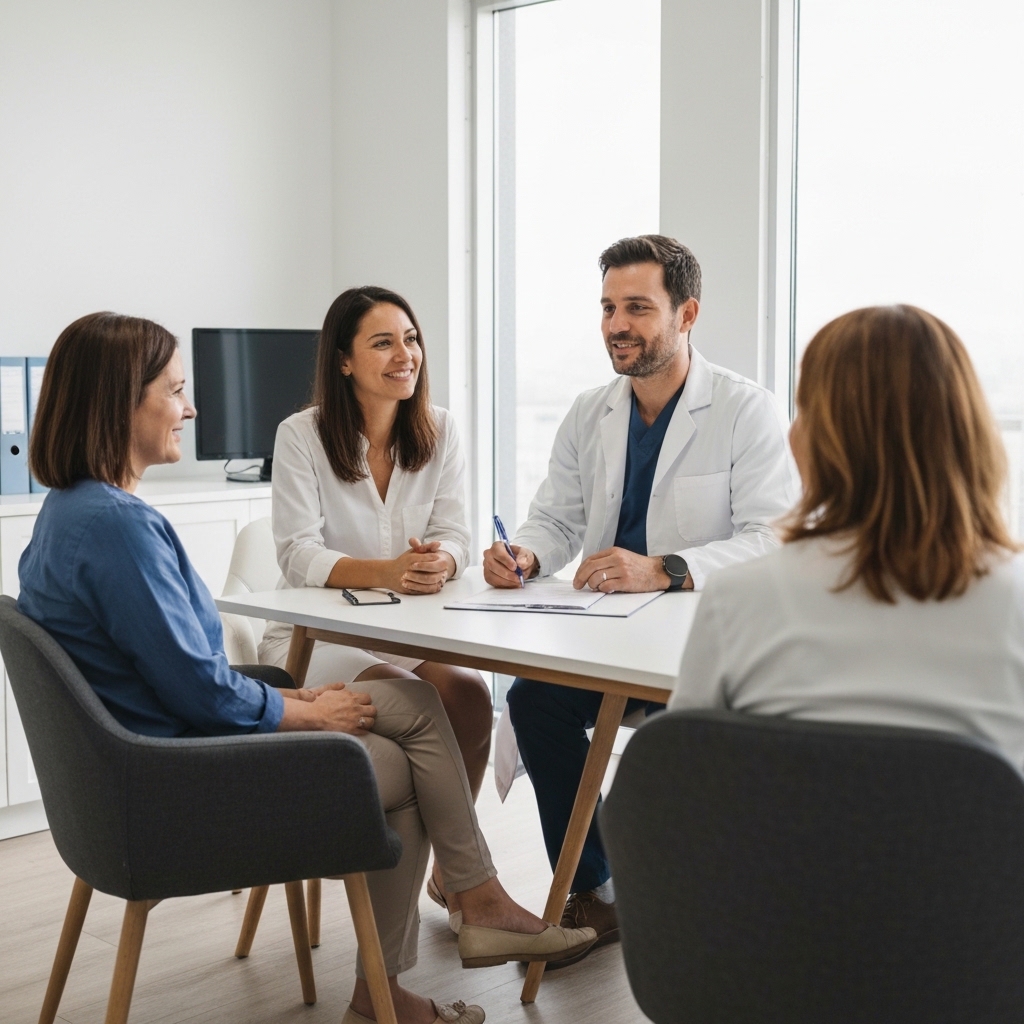 Patient sitting comfortably in consultation chair speaking with osteopath who is listening attentively, bright modern healthcare office with natural lighting