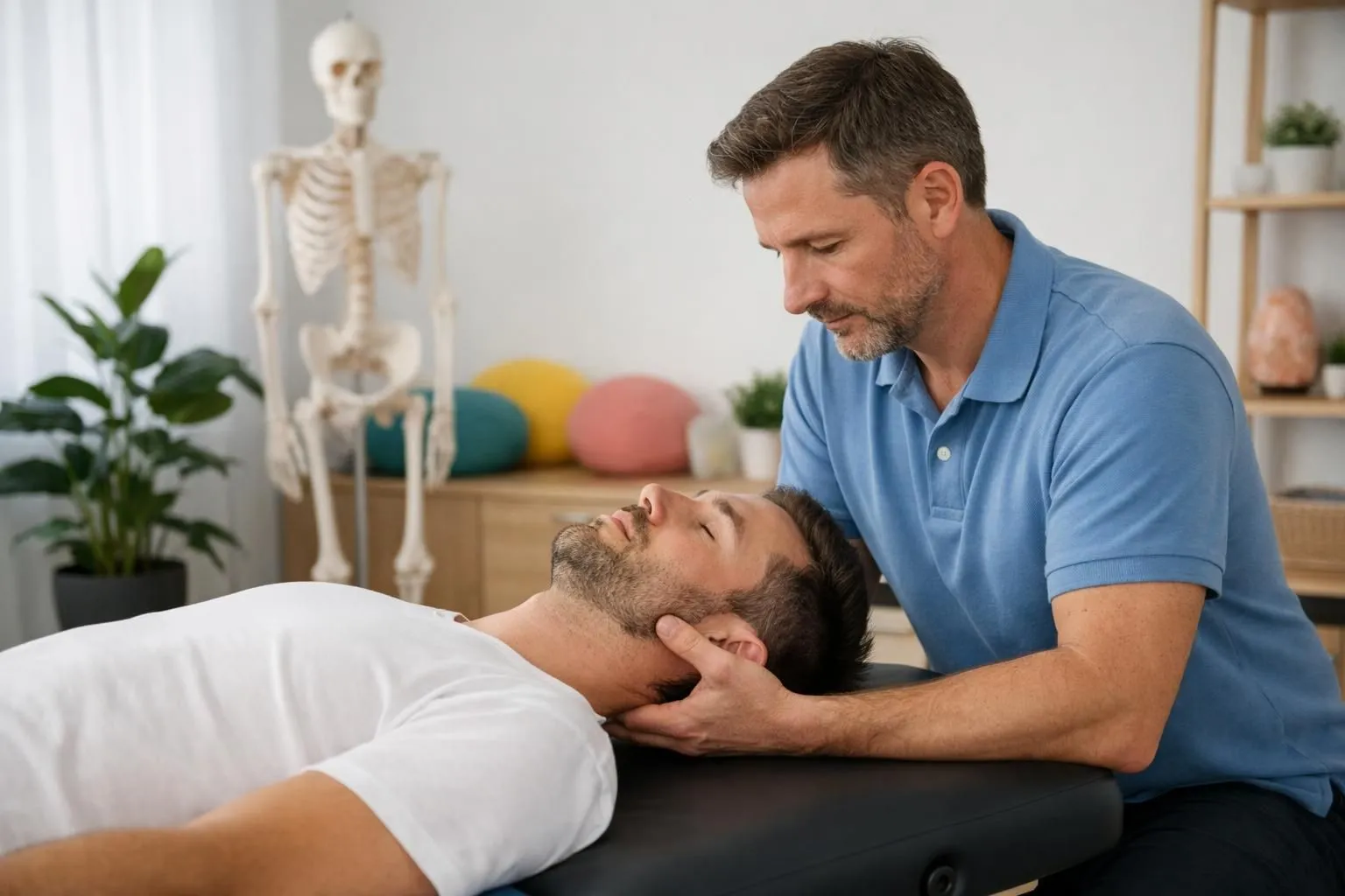 Ostéopathe pratiquant une manipulation douce sur les cervicales d'un patient installé confortablement sur une table de soin, mains expertes positionnées avec précision sur la nuque, lumière naturelle diffuse créant une atmosphère apaisante dans un cabinet moderne