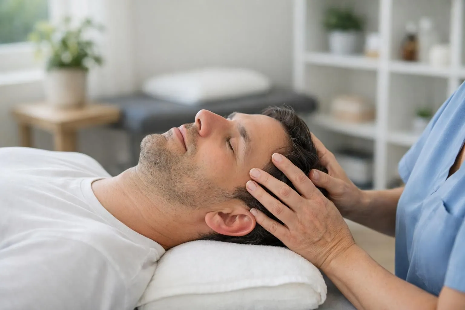 Mains expertes d'ostéopathe effectuant une manipulation crânienne douce sur le cou d'un patient détendu allongé, cabinet moderne avec lumière naturelle, atmosphère apaisante et professionnelle, gros plan sur les gestes thérapeutiques précis, ambiance de confiance et de soulagement