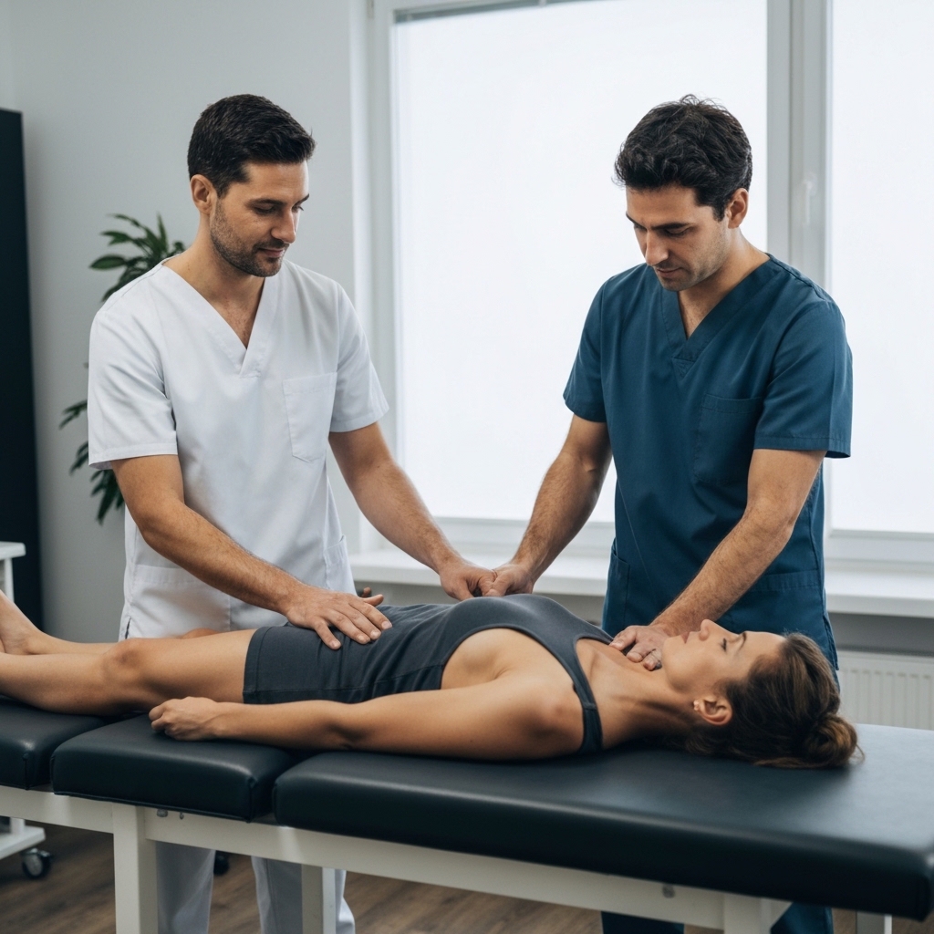 Close-up of osteopath's hands gently examining patient's tense shoulder muscles in calm, natural-lit treatment room, showing therapeutic touch and body tension release process