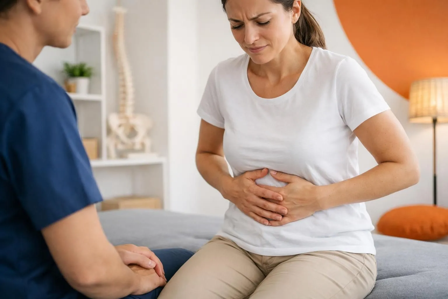 Person holding abdomen area with both hands showing digestive discomfort, soft natural lighting in a calm healthcare setting, empathetic and professional atmosphere representing osteopathic care for bloating