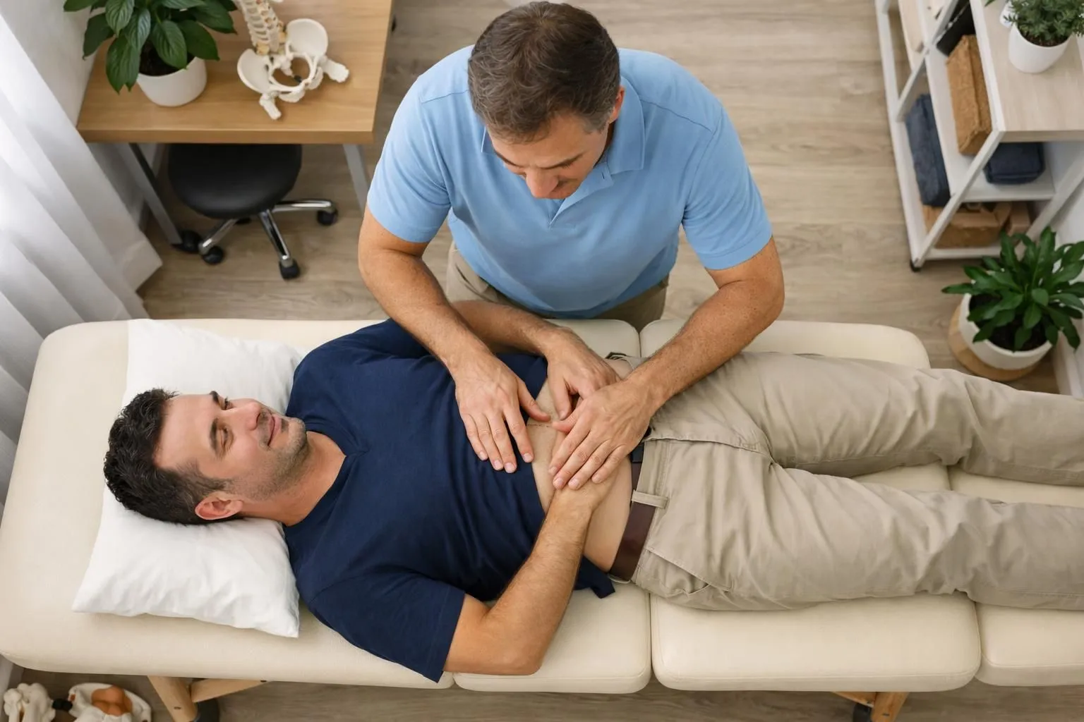 Osteopath consulting with patient in modern clinic, professional examining abdomen area while explaining treatment approach, natural lighting, medical setting showing holistic care and patient-centered attention, realistic healthcare photography style