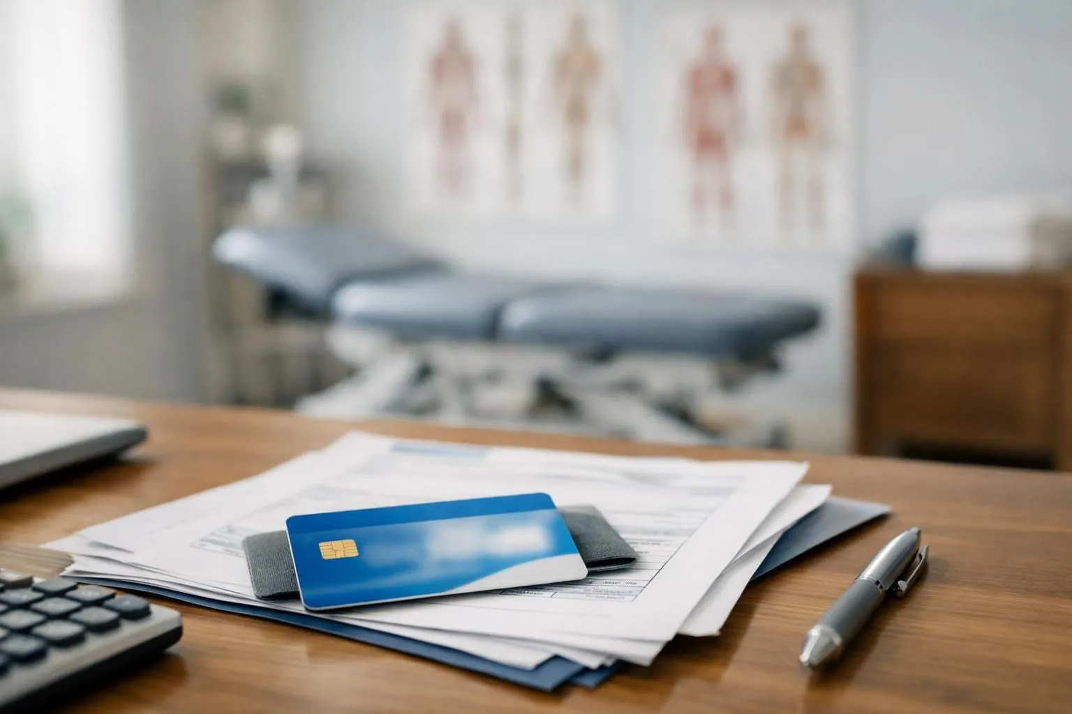 Close-up of a patient's health insurance card and medical reimbursement documents on a desk, with a blurred osteopathy treatment room in the background showing a treatment table and anatomical posters, natural daylight, professional healthcare setting