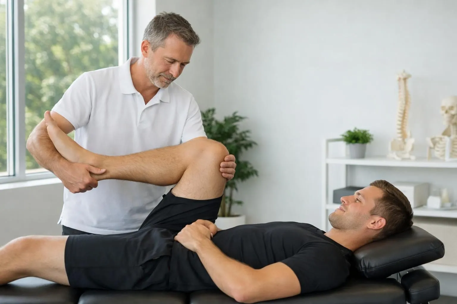 Professional osteopath examining athlete's leg mobility on treatment table, sports therapy session in modern clinical setting with natural lighting, focused manual manipulation technique
