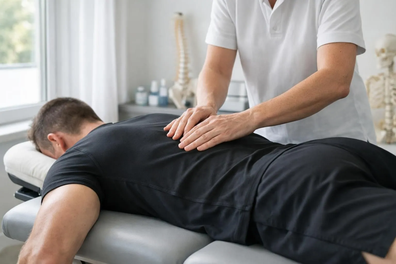 Serene treatment room in Nantes showing osteopath's hands performing gentle fascial manipulation on athlete's back, natural lighting emphasizing therapeutic connection, professional medical environment with treatment table, embodying holistic somatic approach to sports recovery
