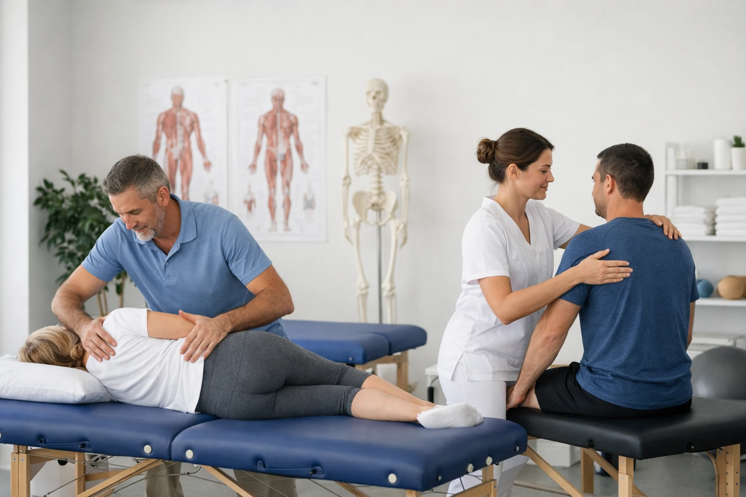 Modern healthcare center interior showing osteopath and physiotherapist consulting together in a bright treatment room with anatomical charts and treatment tables in Vertou, natural lighting, professional medical environment, collaborative healthcare setting