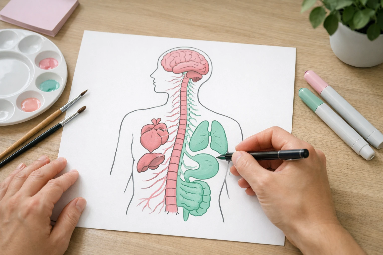 Vue schématique du système nerveux autonome humain montrant les voies parasympathiques et sympathiques, avec des zones colorées représentant l'activation et l'apaisement, dans un style anatomique moderne et accessible pour patients en recherche d'approches corporelles de guérison du trauma