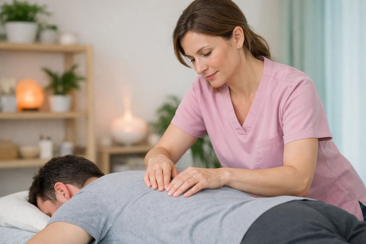 Osteopath hands performing gentle fascial manipulation on patient's back in natural therapy room, soft lighting highlighting therapeutic touch, professional healthcare setting, healing connection concept