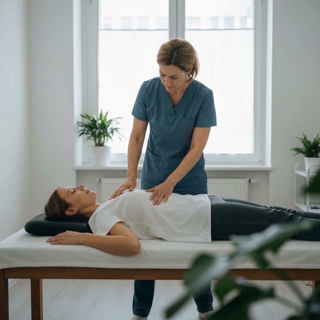 Praticien en ostéopathie réalisant une manipulation douce sur un patient allongé dans un cabinet lumineux avec plantes vertes, atmosphère apaisante et bienveillante, approche thérapeutique centrée sur le lien corps-esprit