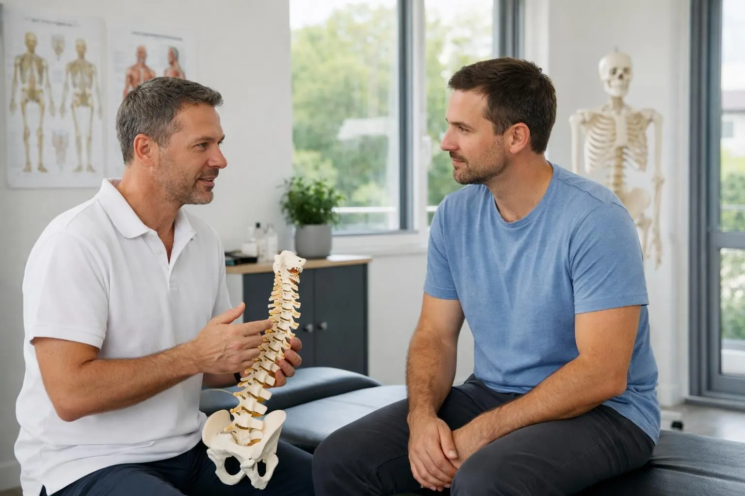 Modern osteopathy treatment room in Vertou with practitioner explaining treatment plan to patient seated on treatment table, natural lighting through large windows, professional medical setting with anatomical charts, calm and reassuring atmosphere