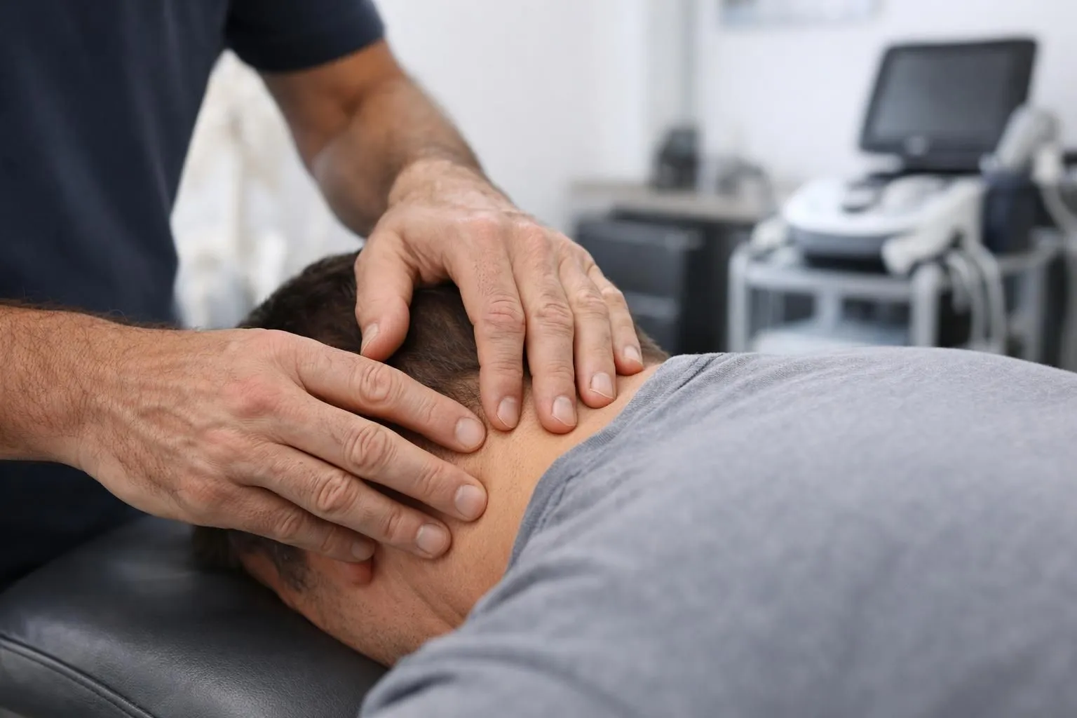 Experienced osteopath with diplomas on wall performing detailed manual assessment on patient in modern treatment room with specialized equipment, showing professional healthcare environment that justifies premium pricing