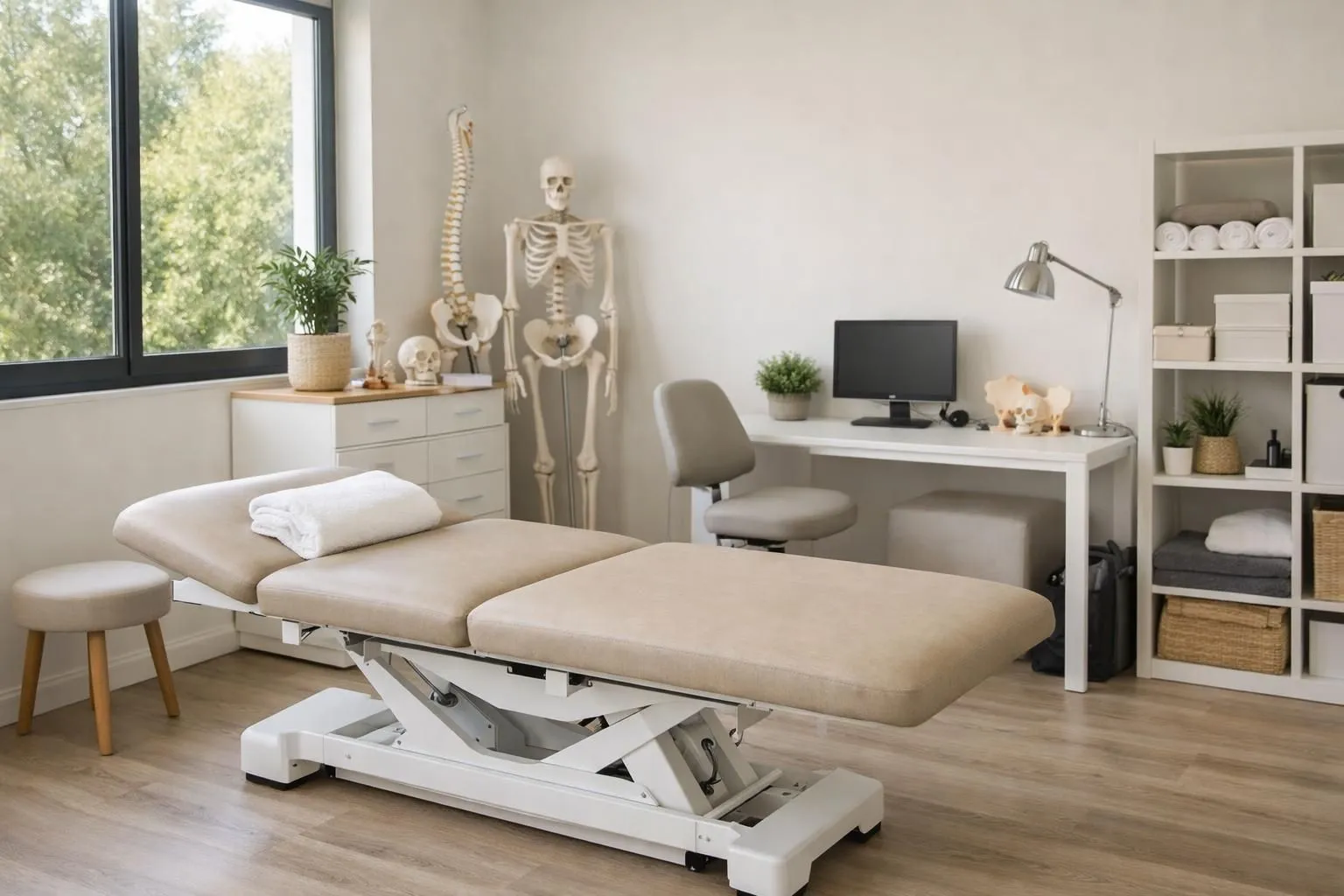 Modern osteopathy clinic consultation room in Vertou with treatment table, natural lighting through large windows, calming neutral color palette, professional medical equipment visible, welcoming and clean therapeutic space
