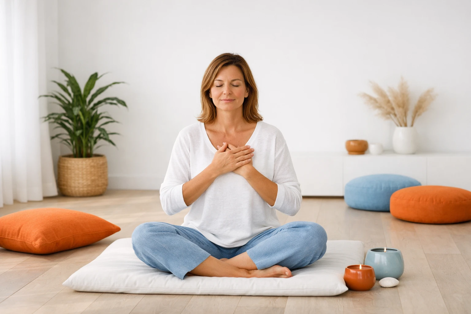 Personne assise en position méditative dans un espace lumineux et épuré, les yeux fermés, mains posées sur le cœur, symbolisant l'introspection et la reconnexion émotionnelle profonde caractéristique du Processus Hoffman