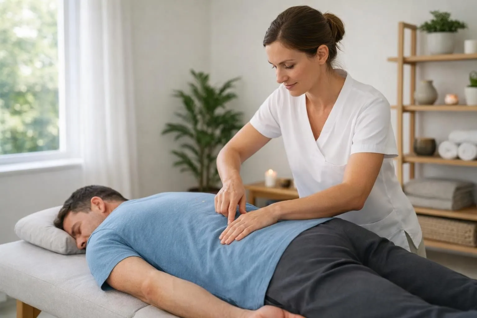 Practitioner performing integrated osteopathic manipulation and acupressure techniques on patient lying on therapy table in calm treatment room with natural lighting, showing hands on patient's spine and meridian points, serene wellness atmosphere