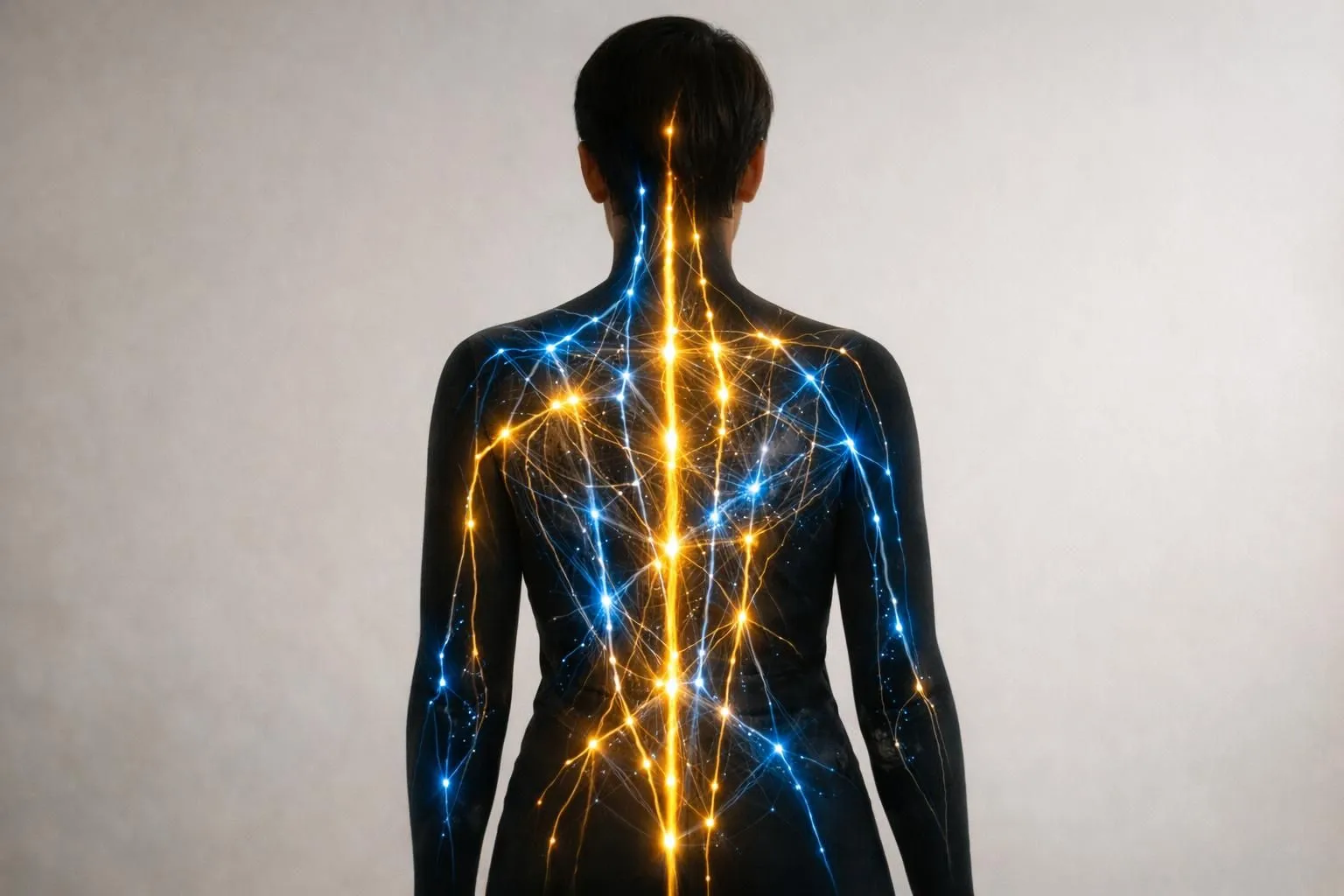 Translucent human silhouette showing luminous energy meridian pathways flowing through the body, intersecting with visible fascial tissue networks, rendered in soft blue and gold tones against a neutral background, emphasizing the connection between energetic and physical body systems