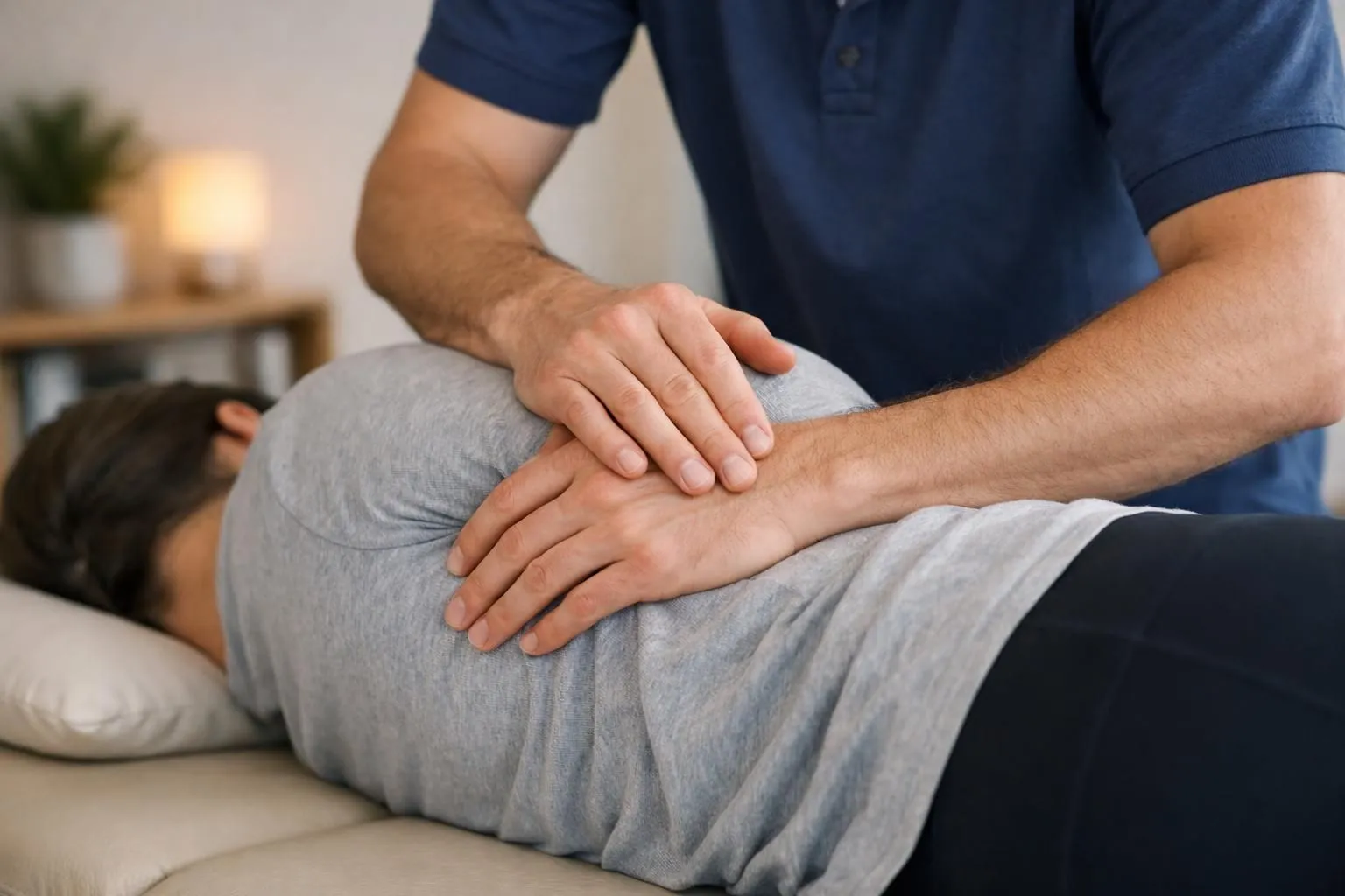 Osteopath practitioner performing examination on patient lying on treatment table, demonstrating professional consultation combining traditional manual therapy techniques with holistic approach, natural clinic setting with calm ambiance