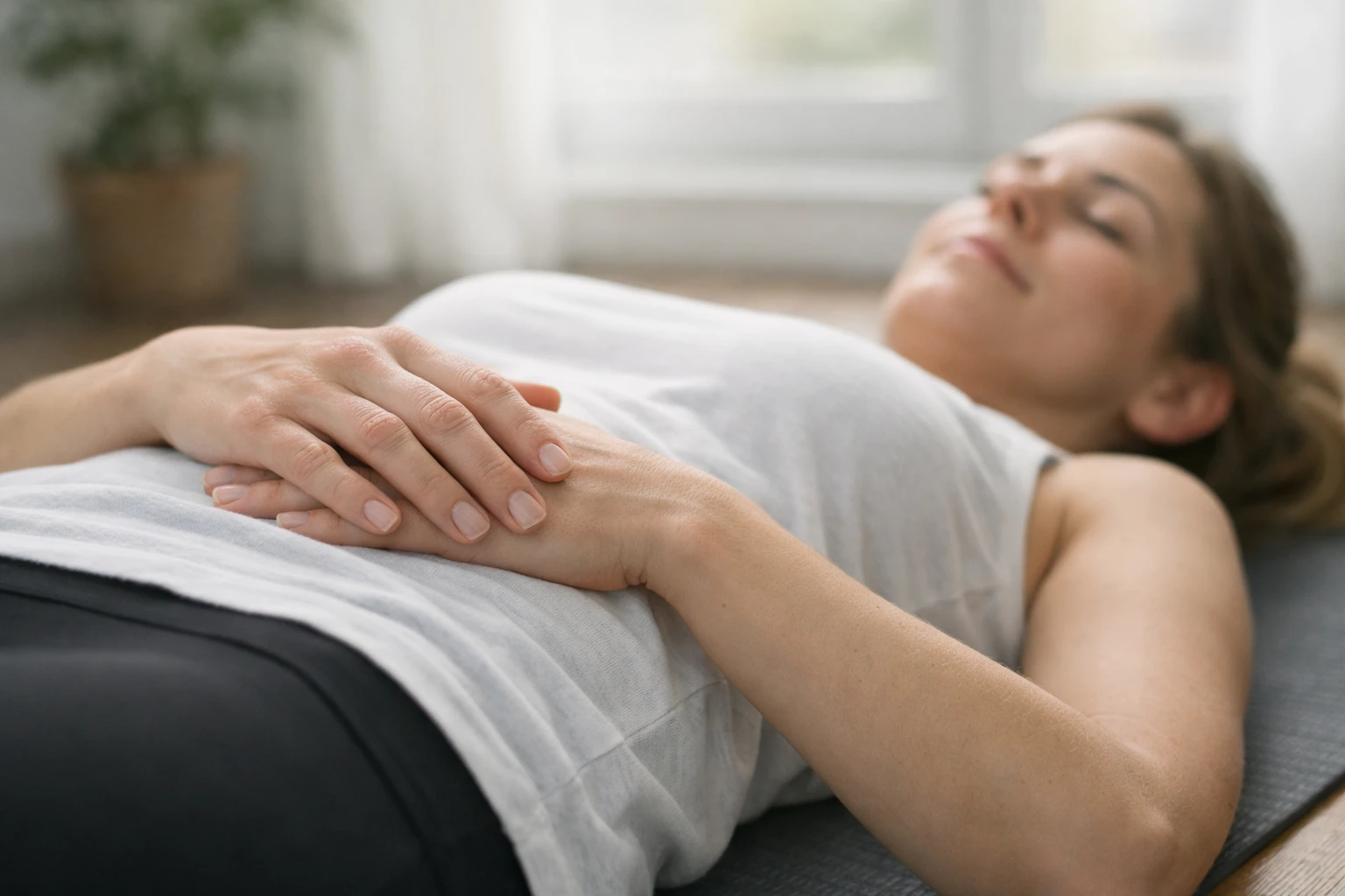 Person lying down peacefully on yoga mat doing body scan meditation, soft natural window lighting, serene indoor therapeutic setting, calm facial expression, hands resting naturally on body