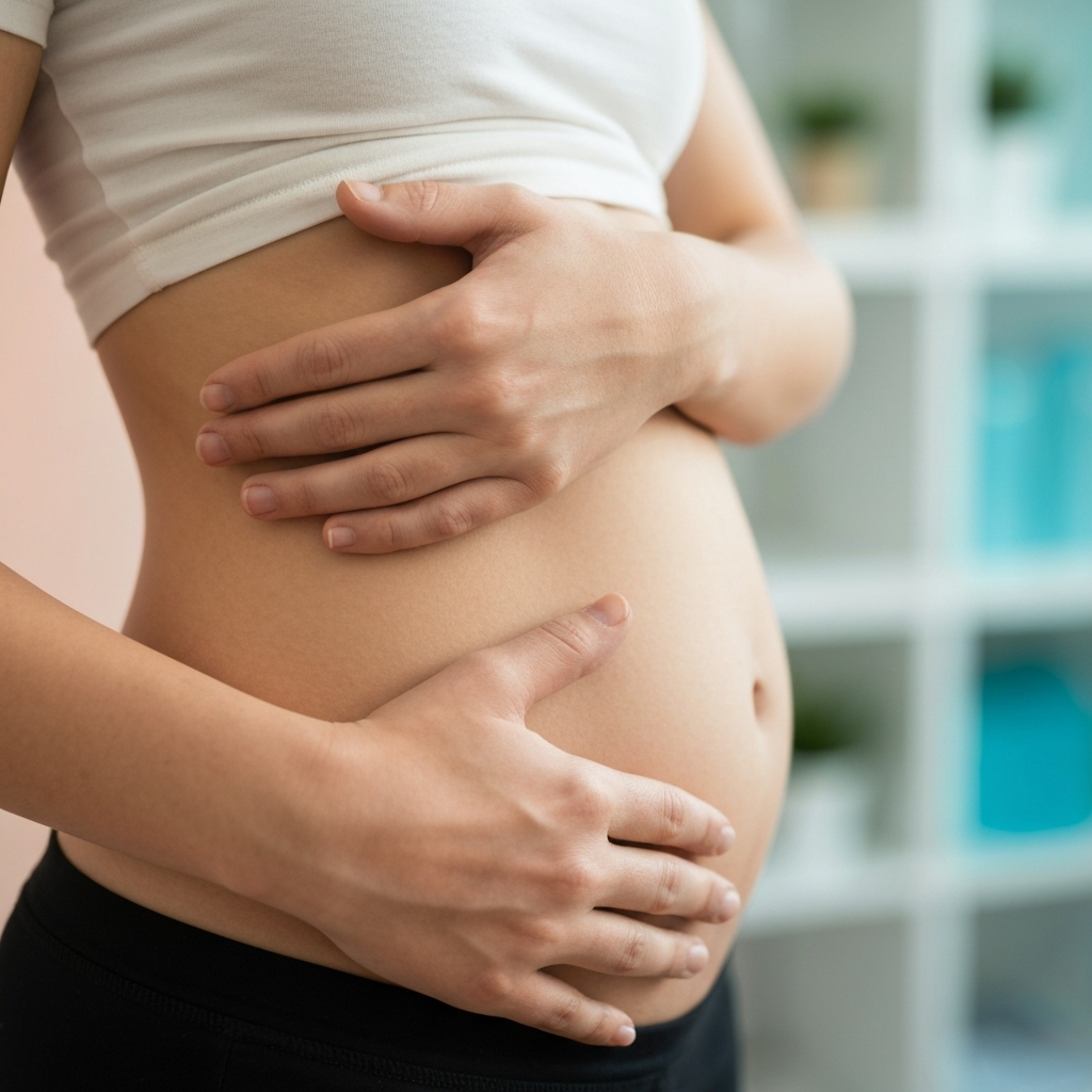 Close-up of a person's hand gently placed on their abdomen, with subtle tension visible in the fingers, symbolizing somatic awareness and body memory in trauma therapy. Soft natural lighting highlights the connection between mind and body, with blurred background suggesting an osteopathic treatment room.